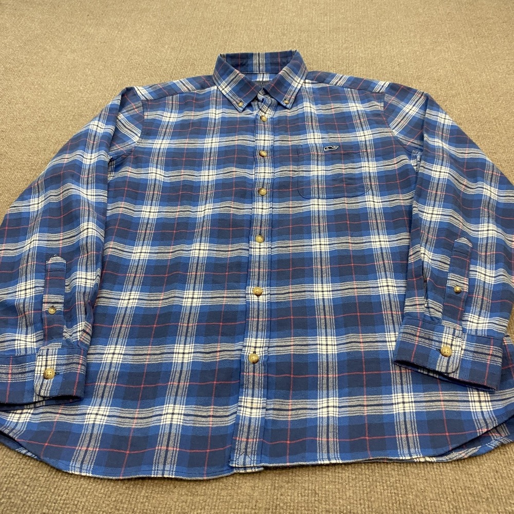 Vineyard Vines Shirt Mens Large Blue Plaid Flannel Long Sleeve Stretch Casual